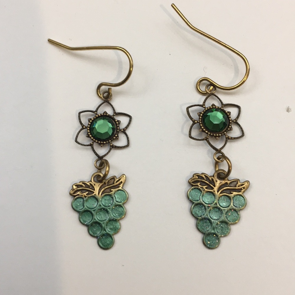Pair of Earrings Gold Color with Green Stone Used